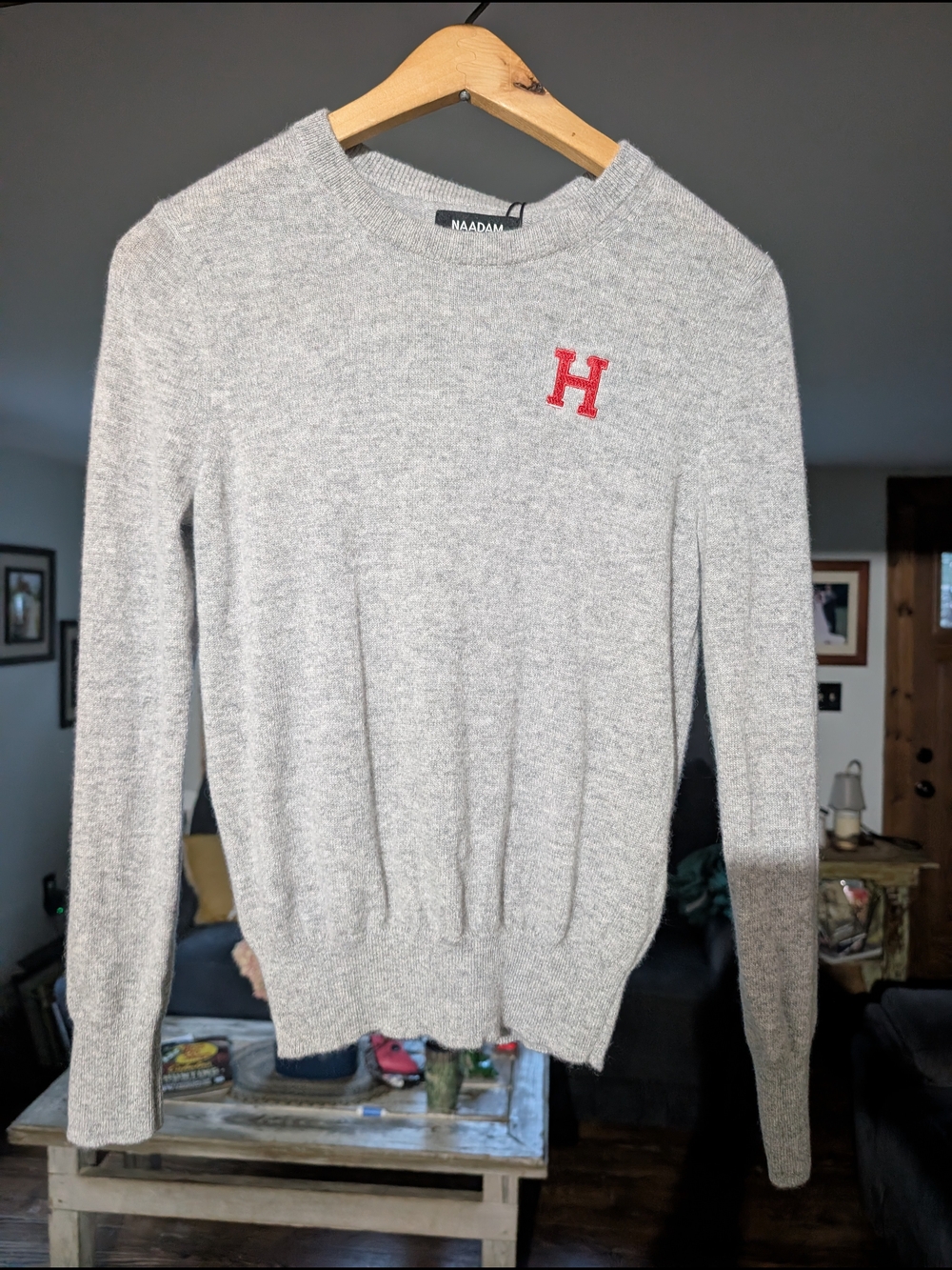 Naadam Women's Grey Cashmere Crewneck Sweater with Red 'H' Accent